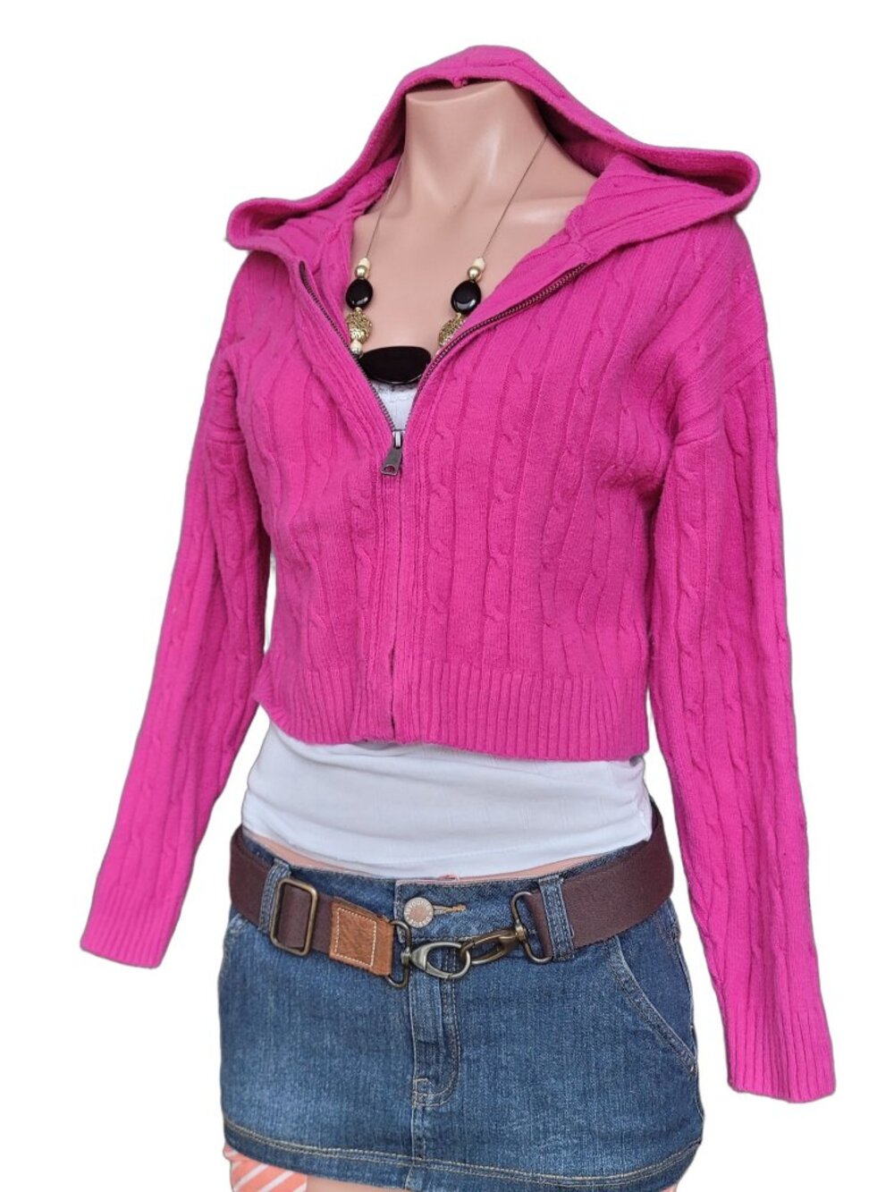 GAP Hot Pink Cable Knit Hooded Zip Up Sweater (Kids XL)